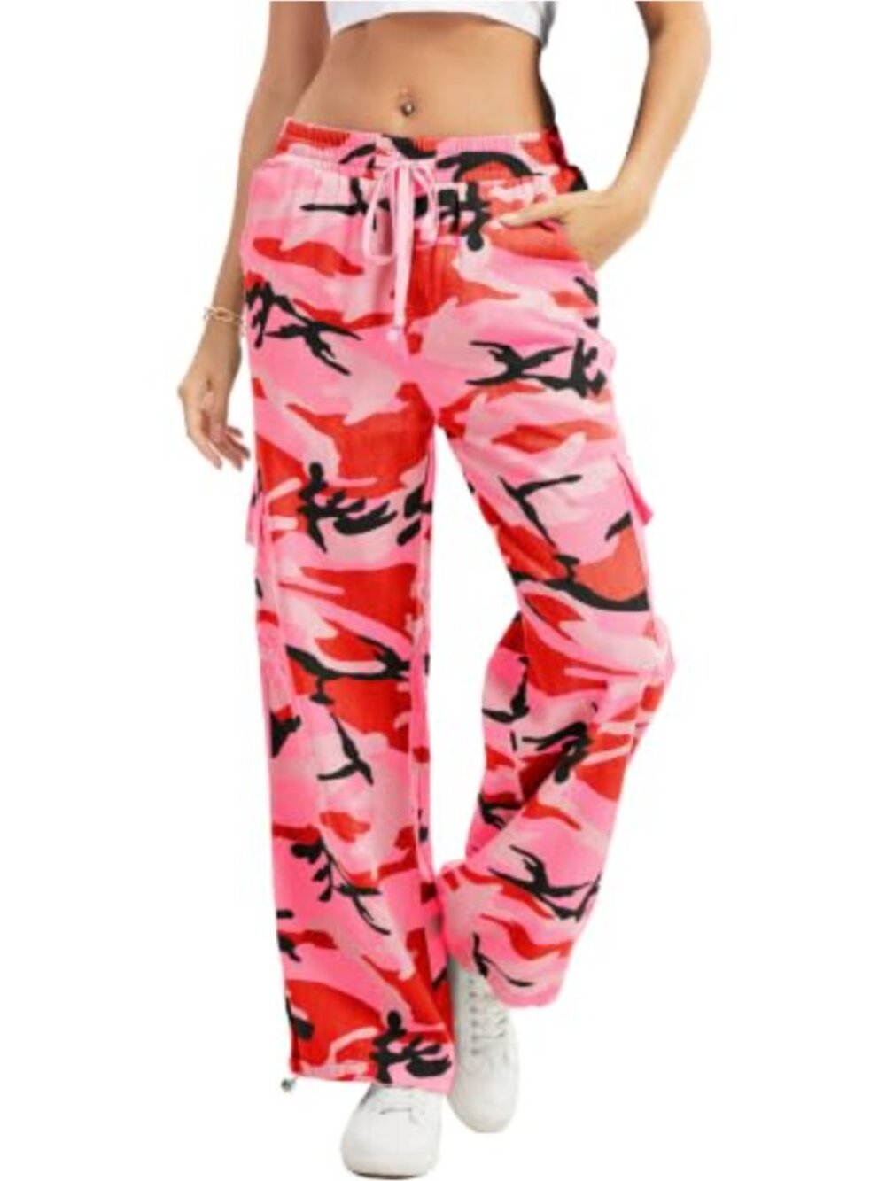 Camo Cargo Pants Wide Leg Drawstring Elastic Waist Trousers